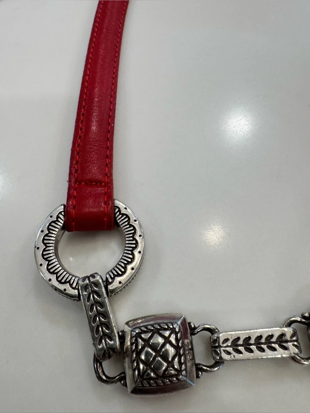 Vintage Retired Brighton 41112 Red Leather Multi Charm Silver Link Belt BEAUTY!💎